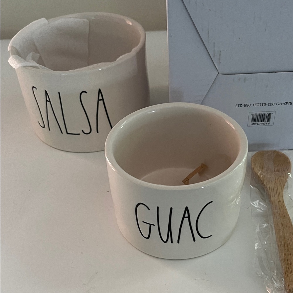 Rae Dunn Cream Guac and Salsa Bowl Set with Bamboo Spoon